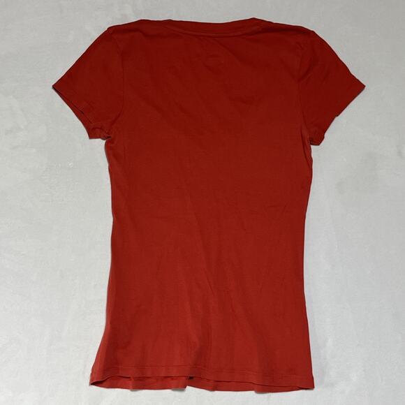 Y2K 2000s Deep V Neck T Shirt Womens Medium Orange Long Slim Stretch Y2K - Picture 2 of 9